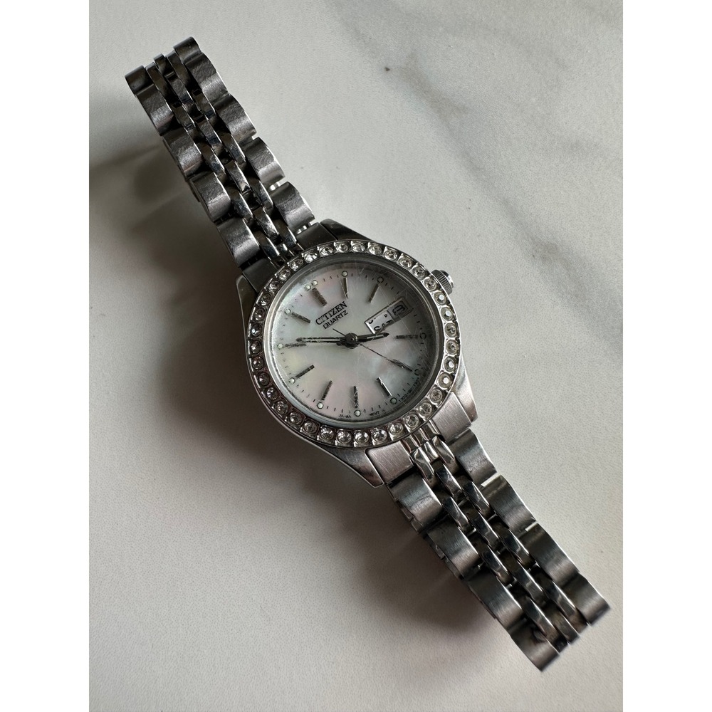 Citizen Quartz Mother of Pearl Rhinestone Bezel Silver Steel Watch 1002-S071390